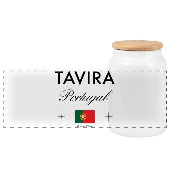 Tavira Portugal Coordinates Travel Souvenir - Panoramic Cookie Jar with Wooden Lid - white - Front