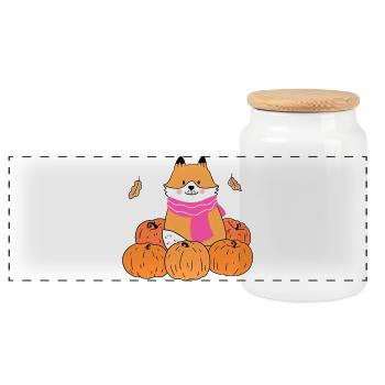 Cute Fox with Pumpkins Autumn Cartoon - Panoramic Cookie Jar with Wooden Lid - white - Front