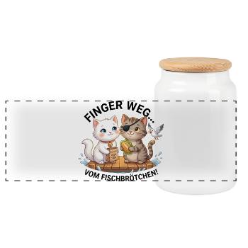 Katzen Finger weg Fischbrötchen - Panorama Keksdose mit Holzdeckel - Weiß - Vorne