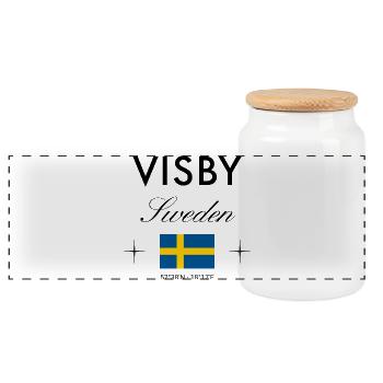 Visby Sweden Coordinates Travel Souvenir - Panoramic Cookie Jar with Wooden Lid - white - Front