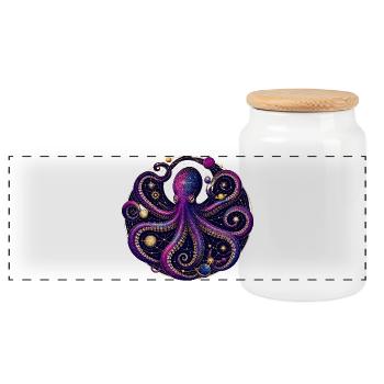 Cosmic Octopus Planetary Orbit Illustration - Panoramic Cookie Jar with Wooden Lid - white - Front