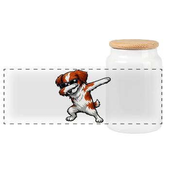 Dabbing Breton Spaniel - Panoramic Cookie Jar with Wooden Lid - white - Front