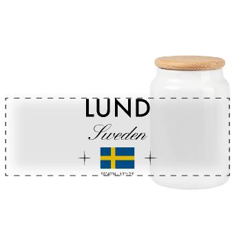Lund Sweden Coordinates Travel Souvenir - Panoramic Cookie Jar with Wooden Lid - white - Front