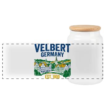 Velbert Germany Skyline Vintage Est 1800 - Panoramic Cookie Jar with Wooden Lid - white - Front