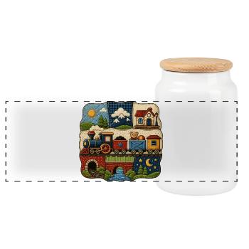 Children's Train Landscape Motif - Panoramic Cookie Jar with Wooden Lid - white - Front