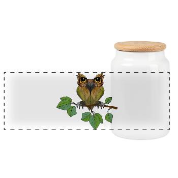 Owl bird - Panoramic Cookie Jar with Wooden Lid - white - Front