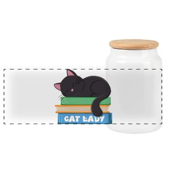 Cat lady sleeping black cat on books - Panoramic Cookie Jar with Wooden Lid - white - Front