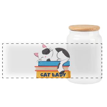 Cat lady sleeping cat on books - Panoramic Cookie Jar with Wooden Lid - white - Front