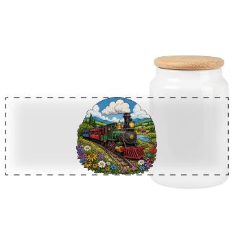 Steam locomotive in a colourful sea of flowers - Panoramic Cookie Jar with Wooden Lid - white - Front