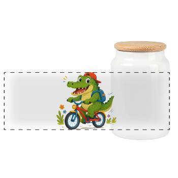 Cheerful crocodile riding a bicycle to school - Panoramic Cookie Jar with Wooden Lid - white - Front