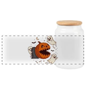 Lustiger Halloween Kürbis erschreckt Geister - Panorama Keksdose mit Holzdeckel - Weiß - Vorne