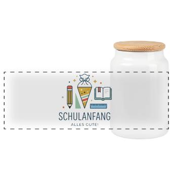 Schulanfang Motiv: Erstes Schuljahr - Panorama Keksdose mit Holzdeckel - Weiß - Vorne
