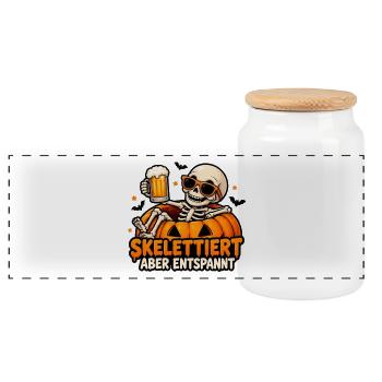 Skelettiert aber entspannt – Halloween - Panorama Keksdose mit Holzdeckel - Weiß - Vorne