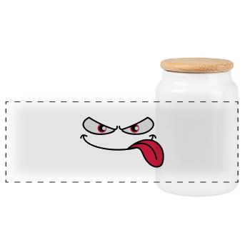 Evil-looking cartoon face tongue sticking out - Panoramic Cookie Jar with Wooden Lid - white - Front