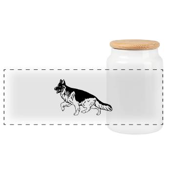 Langhaarschäferhund in Bewegung v2 - Panorama Keksdose mit Holzdeckel - Weiß - Vorne