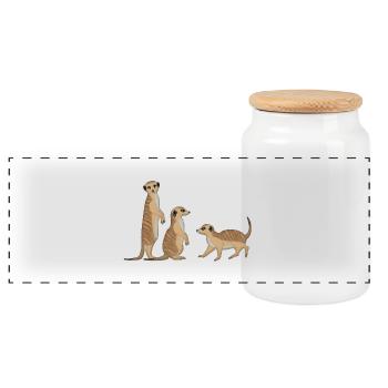 Three meerkats - Panoramic Cookie Jar with Wooden Lid - white - Front