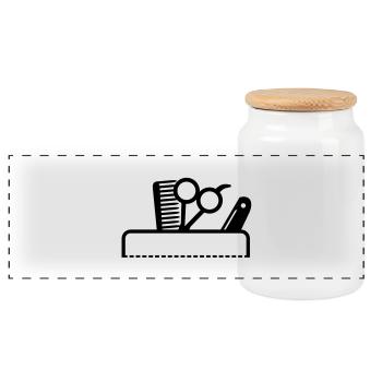 Peigne et ciseaux dans les outils sac / barbier - Boîte à biscuits avec couvercle en bois - blanc - Devant
