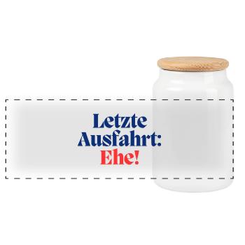Letzte Ausfahrt: Ehe / Poltern - Panorama Keksdose mit Holzdeckel - Weiß - Vorne