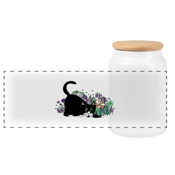 Cat - Panoramic Cookie Jar with Wooden Lid - white - Front