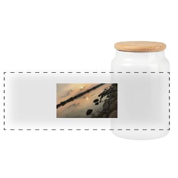 Sunset over the river with stones - Panoramic Cookie Jar with Wooden Lid - white - Front