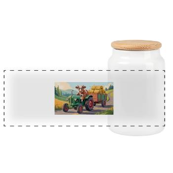 Cow on green tractor with hay wagon - Panoramic Cookie Jar with Wooden Lid - white - Front