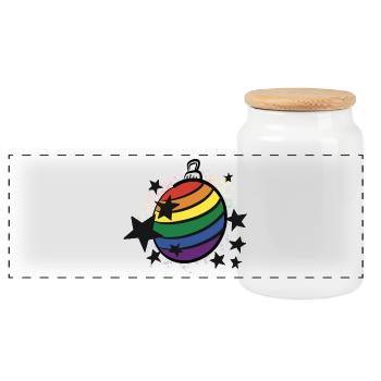 Regenbogen Kugel / Weihnachten / Sterne / Xmas - Panorama Keksdose mit Holzdeckel - Weiß - Vorne