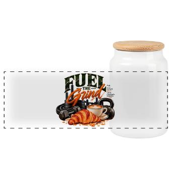 Fuel the Grind – Funktionelle Fitness & Kaffee - Panorama Keksdose mit Holzdeckel - Weiß - Vorne