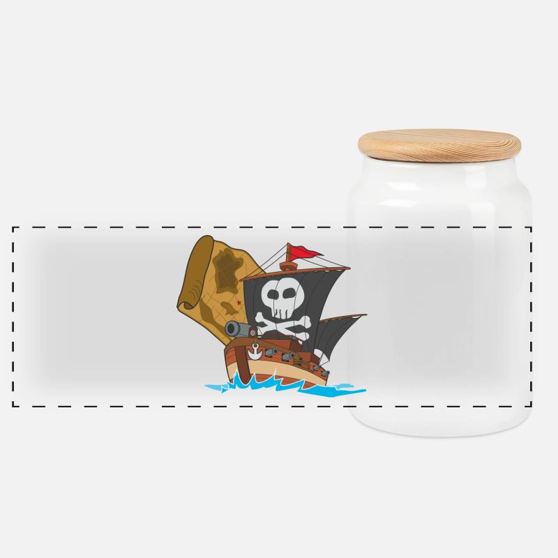 pirate ship boat pirate pirate ship ship skull5 - Panoramic Cookie Jar with Wooden Lid - white
