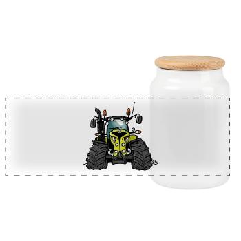 0300 light green tractor - Panoramic Cookie Jar with Wooden Lid - white - Front