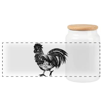An ornately decorated rooster - Panoramic Cookie Jar with Wooden Lid - white - Front