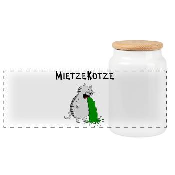 Mietzekatze muss kotzen = MietzeKotze - Panorama Keksdose mit Holzdeckel - Weiß - Vorne