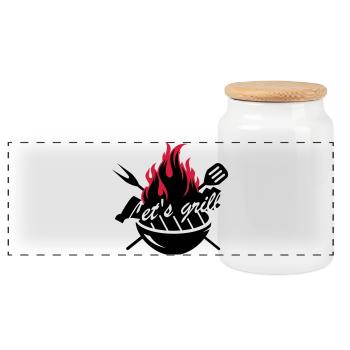 A grill with barbecue utensils - Panoramic Cookie Jar with Wooden Lid - white - Front