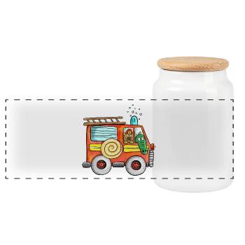 Funny kids fire department I fire truck - Panoramic Cookie Jar with Wooden Lid - white - Front