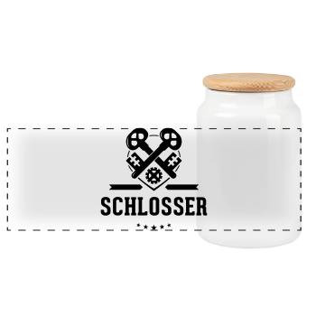 Schlosser Zunftzeichen mit Schriftzug - Panorama Keksdose mit Holzdeckel - Weiß - Vorne