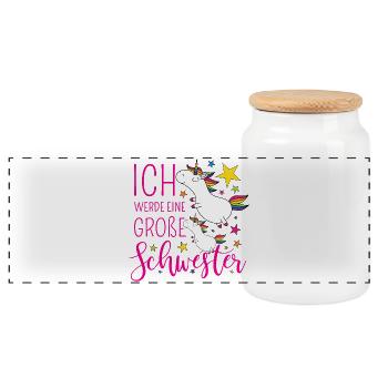 Große Schwester Einhorn Einhörner pink Sterne bunt - Panorama Keksdose mit Holzdeckel - Weiß - Vorne