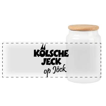Kölsche Jeck op Jöck Kölsch Köln - Panorama Keksdose mit Holzdeckel - Weiß - Vorne