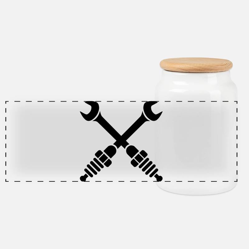 Clé à molette croisée avec bougies de contact - Boîte à biscuits avec couvercle en bois - blanc