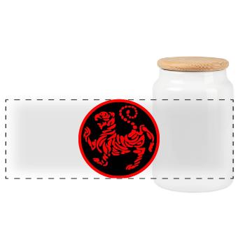 Shotokan Karate Logo Emblem Tiger rot auf schwarz - Panorama Keksdose mit Holzdeckel - Weiß - Vorne