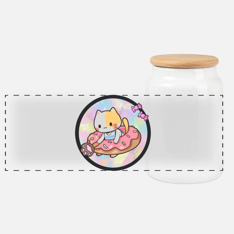 Kawaii Katze mit Donut und Süßigkeiten - Panorama Keksdose mit Holzdeckel - Weiß