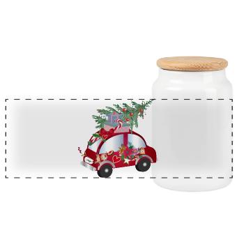 red toy car decorated for Christmas - Panoramic Cookie Jar with Wooden Lid - white - Front