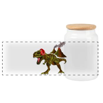 Dinosaure avec des écouteurs devant le volcan - Boîte à biscuits avec couvercle en bois - blanc - Devant