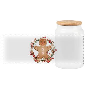 cheerful gingerbread man in the cookie wreath - Panoramic Cookie Jar with Wooden Lid - white - Front