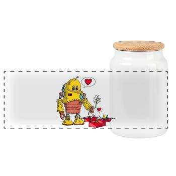 Robot in love - Panoramic Cookie Jar with Wooden Lid - white - Front