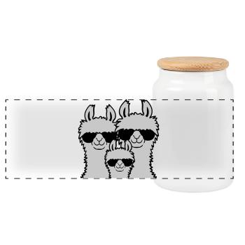 Lama Family Parents Child - Panoramic Cookie Jar with Wooden Lid - white - Front