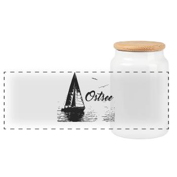 Baltic Sea sailboat and 2 seagulls - Panoramic Cookie Jar with Wooden Lid - white - Front