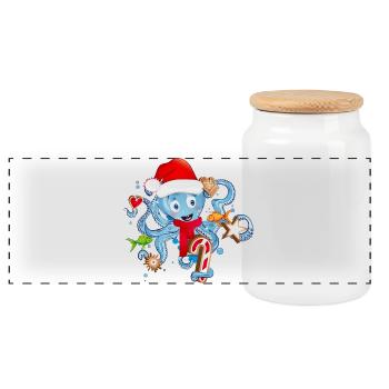 Oktopus hat Spaß und Plätzchen zu Weihnachten - Panorama Keksdose mit Holzdeckel - Weiß - Vorne