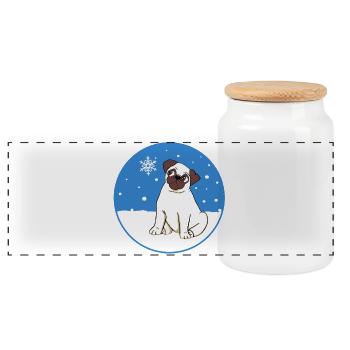 Pug in the snow - Panoramic Cookie Jar with Wooden Lid - white - Front