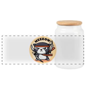 Mignon Chat Ninja - Boîte à biscuits avec couvercle en bois - blanc - Devant