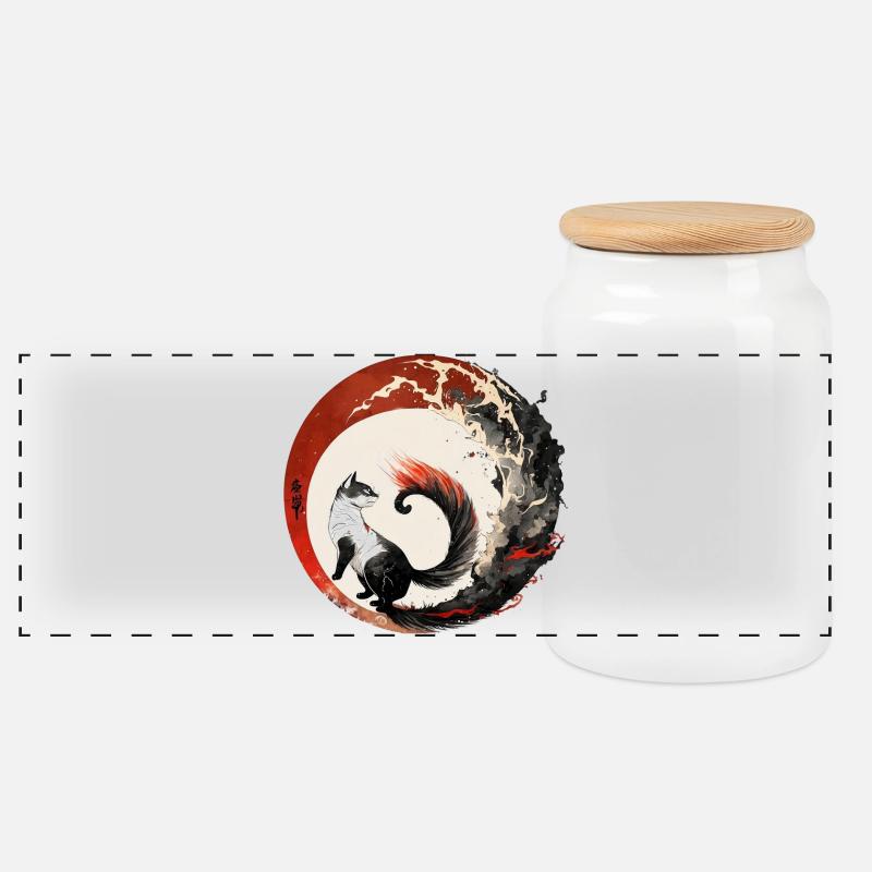 Katze Japanischer Stil - Panorama Keksdose mit Holzdeckel - Weiß