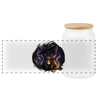 Chat Sorcière Mystique avec Chapeau Magique - Boîte à biscuits avec couvercle en bois - blanc - Devant